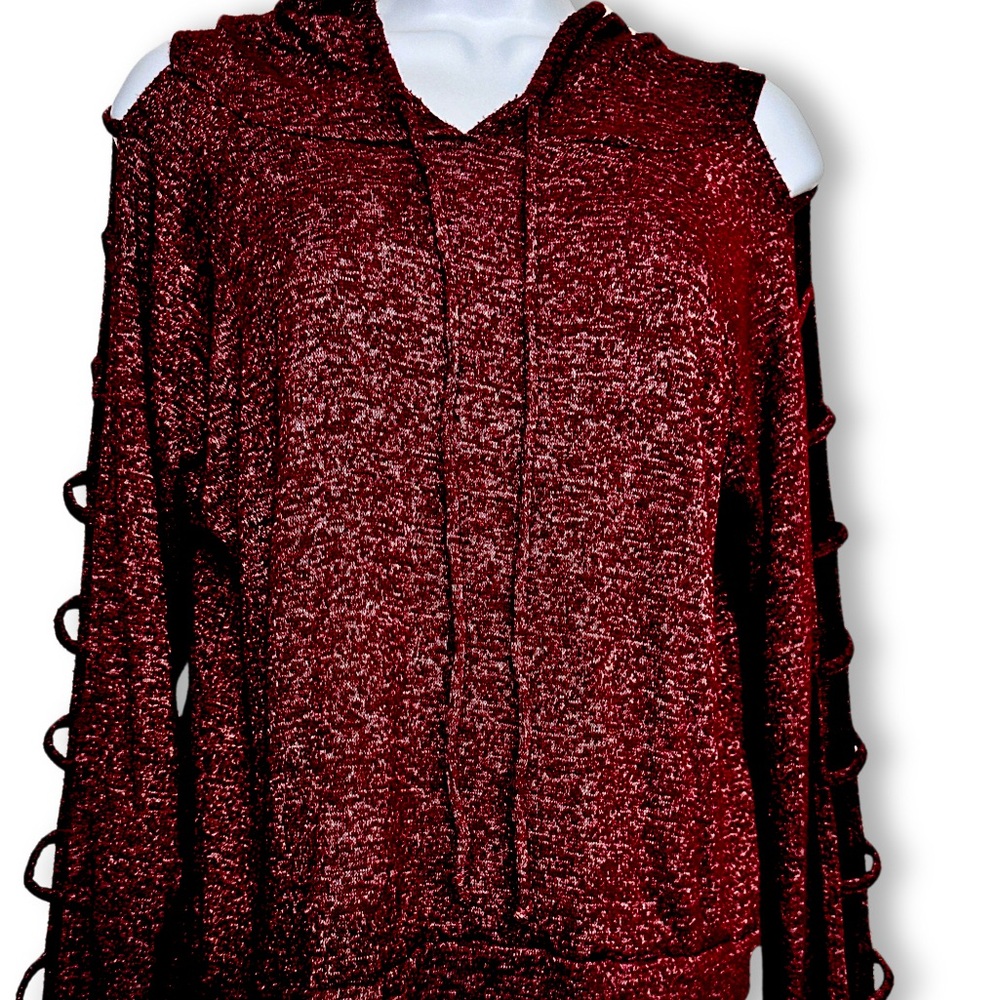 OCASION HOODED Knit Top Burgundy Red Long Cut Out Tab Sleeves Pullover JRs SZ XL